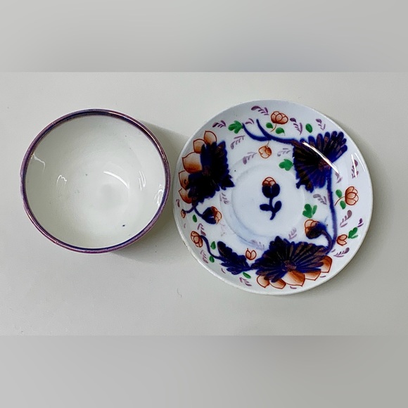 19th Century Antique Gaudy Welsh Grape Pattern Miniature Handleless Cup & Saucer - Picture 15 of 16